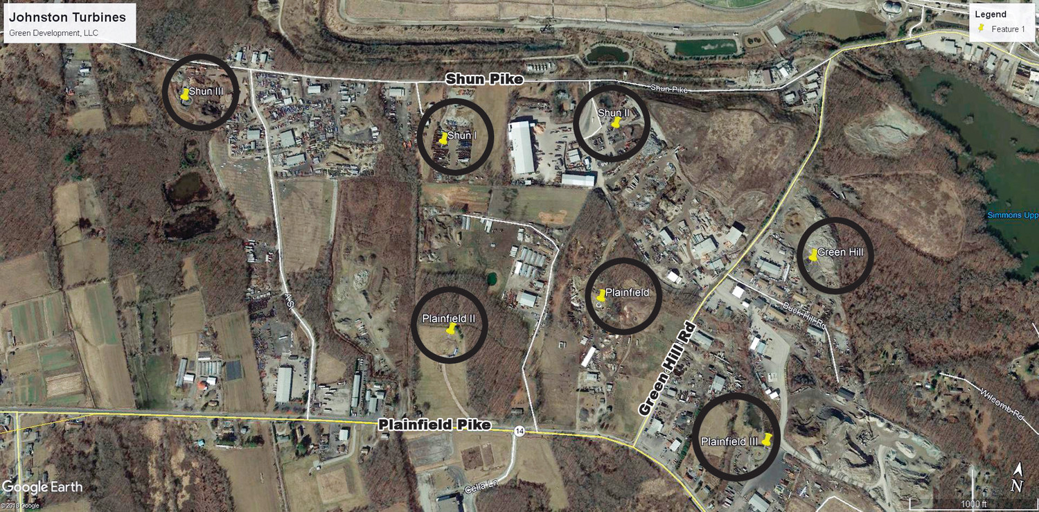 WHERE THEY’RE GOING: This Google Earth image released by Green Development shows where each of the turbines will be erected.